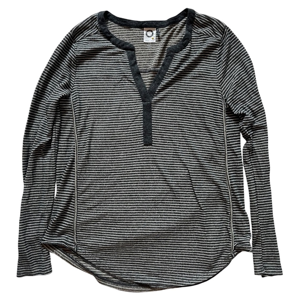 Striped Long Sleeve Henley Tee - Black and White and silver by Akemi & Kin